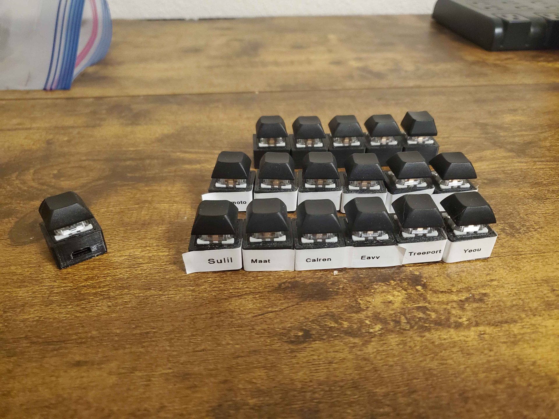 Row of labeled switch boxes on a wooden desk